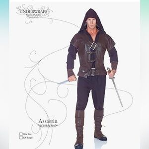 Underwraps Men's Assassin Brown Hooded Jacket w/Buckles Pants boots costume set
